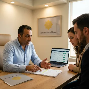 Loan officer reviewing mortgage documents with homebuyers