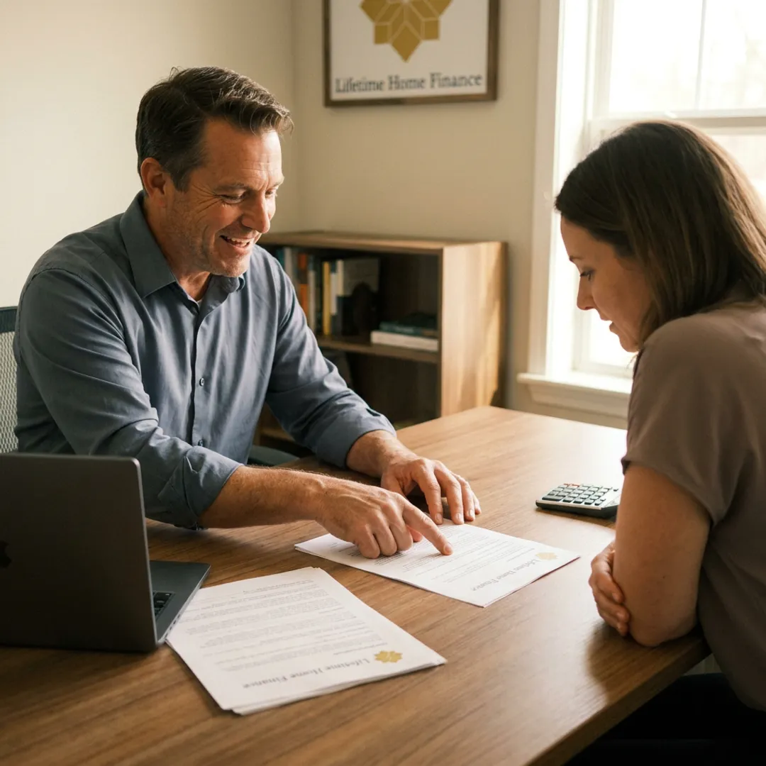 Loan officer reviewing mortgage paperwork with homebuyer