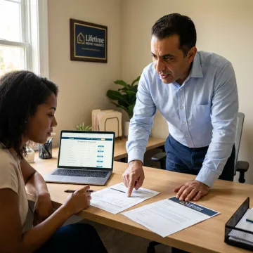 Loan officer reviewing mortgage documents with homebuyer