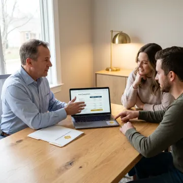 Mortgage broker explaining loan choices to homebuyers