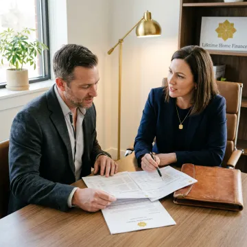 Self-employed borrower reviewing bank statements with a loan officer