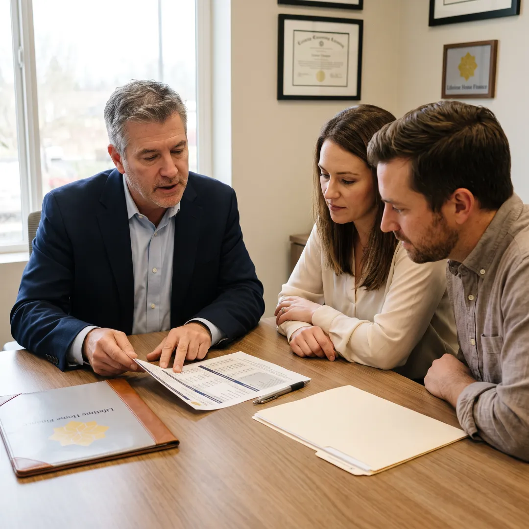 Loan officer explaining mortgage options to homebuyers