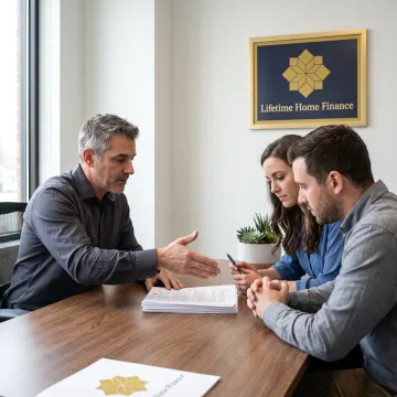 Loan officer explaining mortgage choices to homebuyers