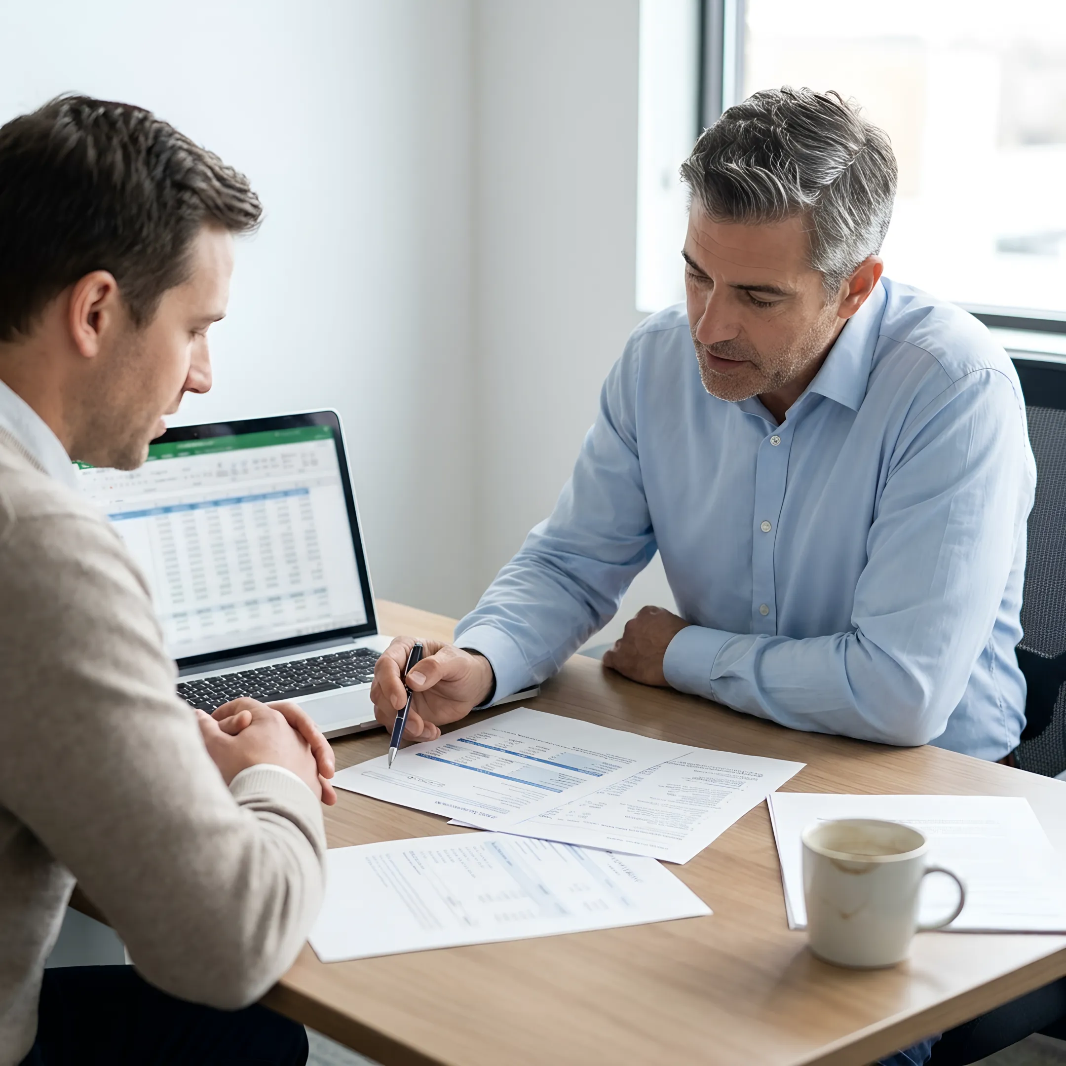 Loan officer discussing rental property cash flow with investor