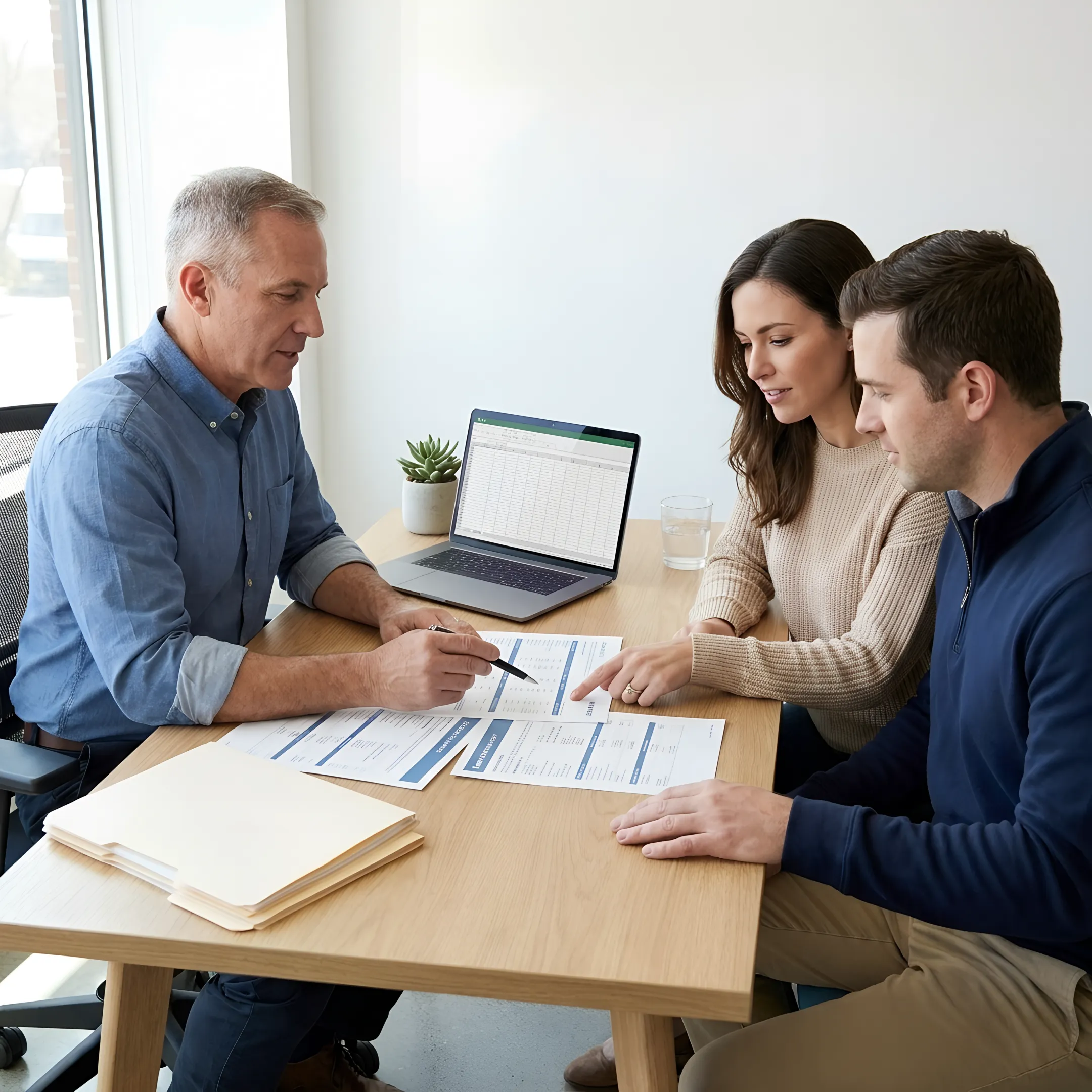 Loan officer reviewing mortgage options with homebuyers