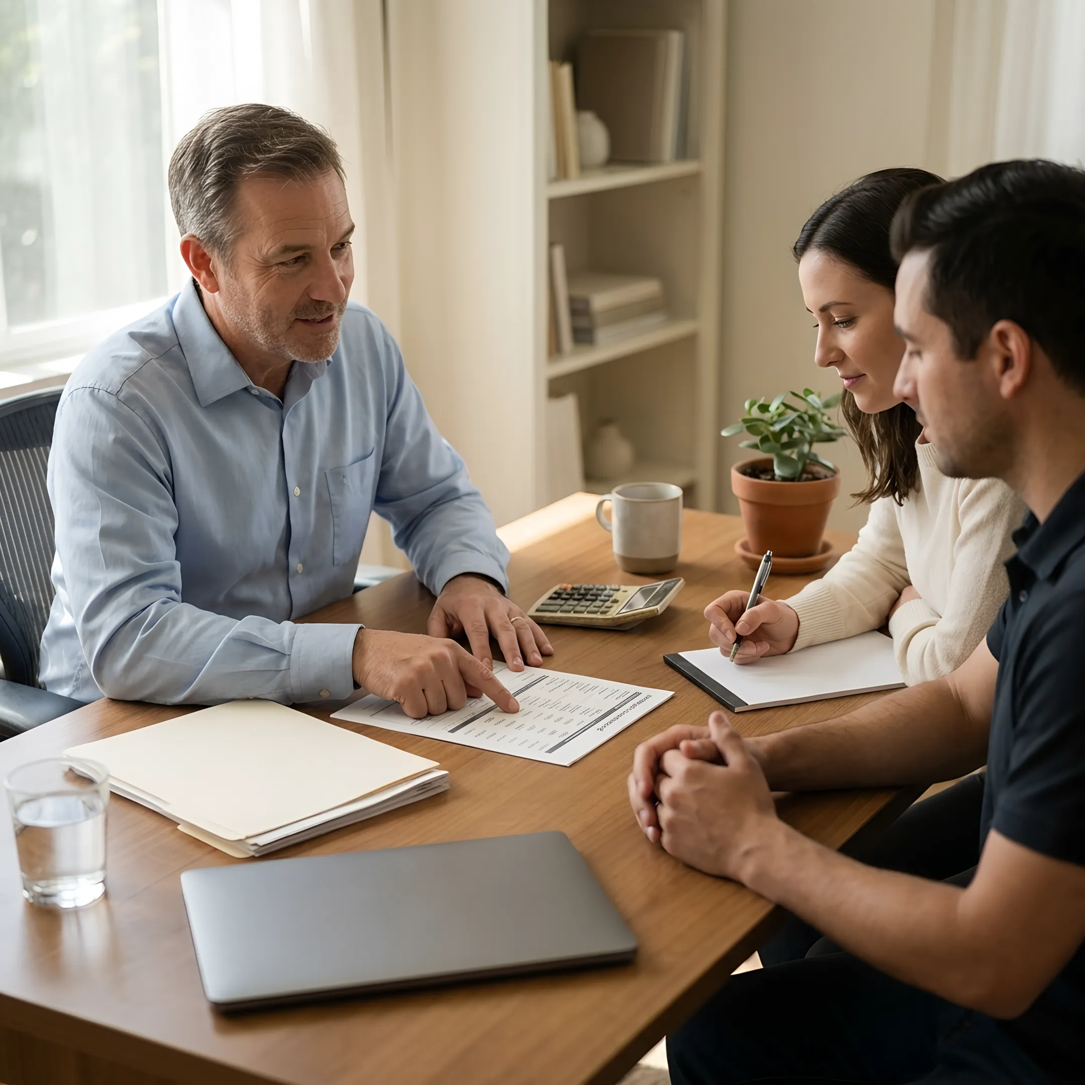 Mortgage loan officer discussing financing choices with clients