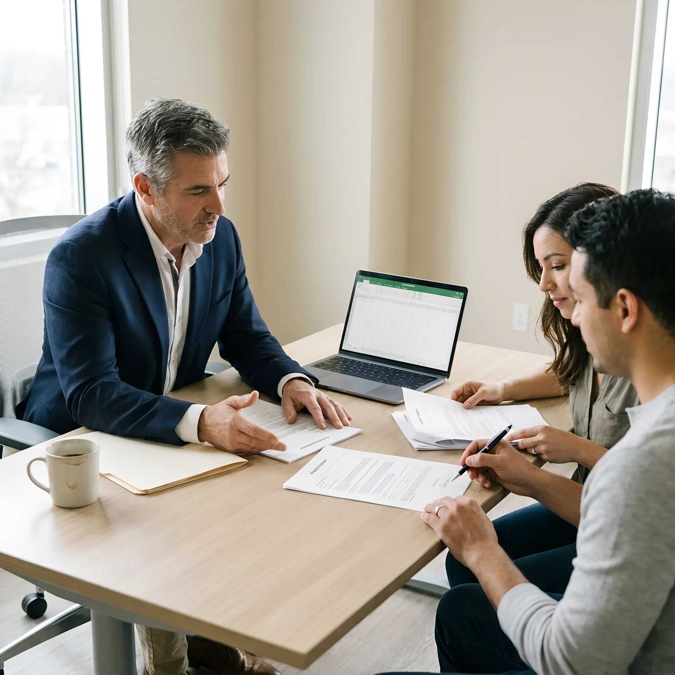 Loan officer explaining financing options to homeowners