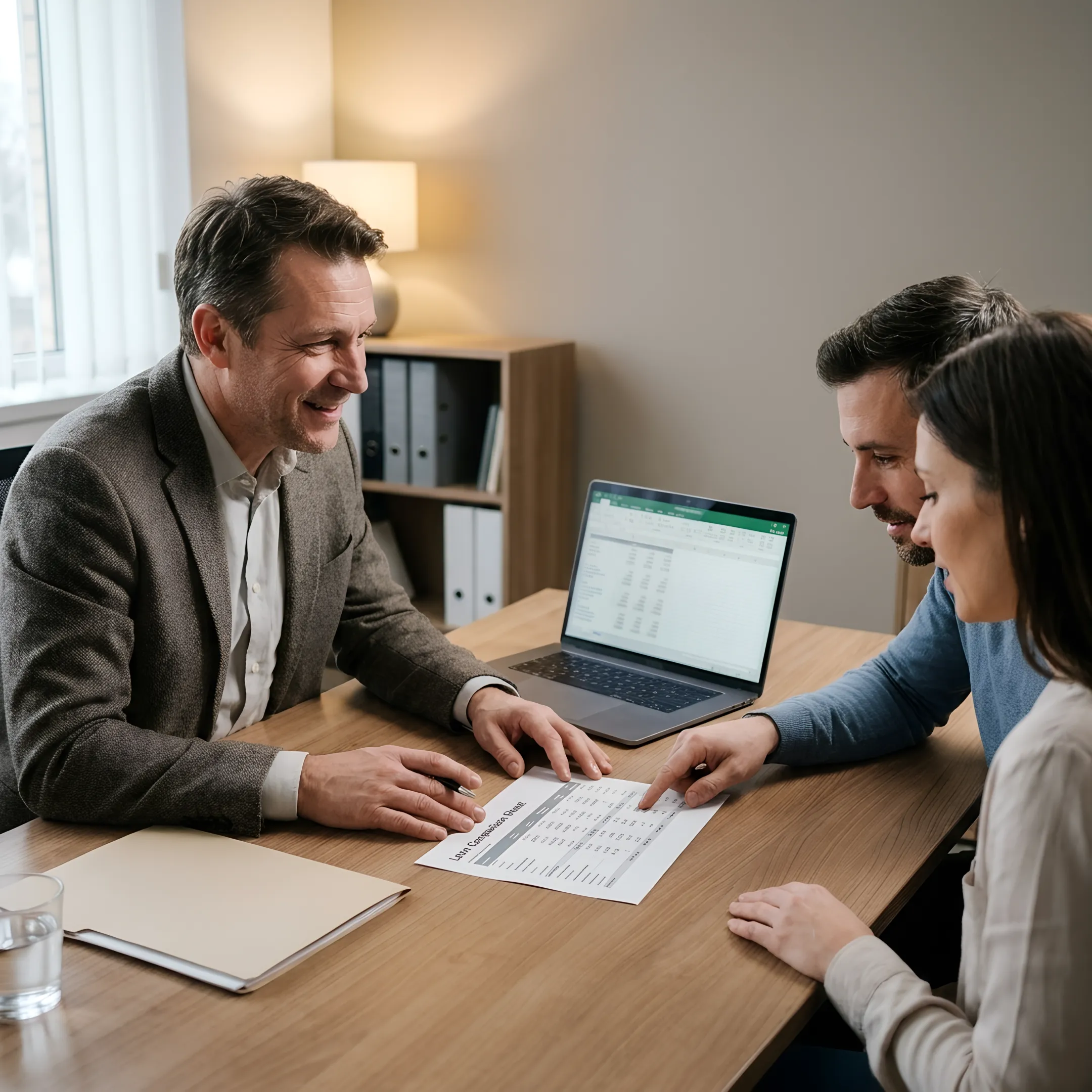 Loan officer explaining California mortgage choices to homebuyers