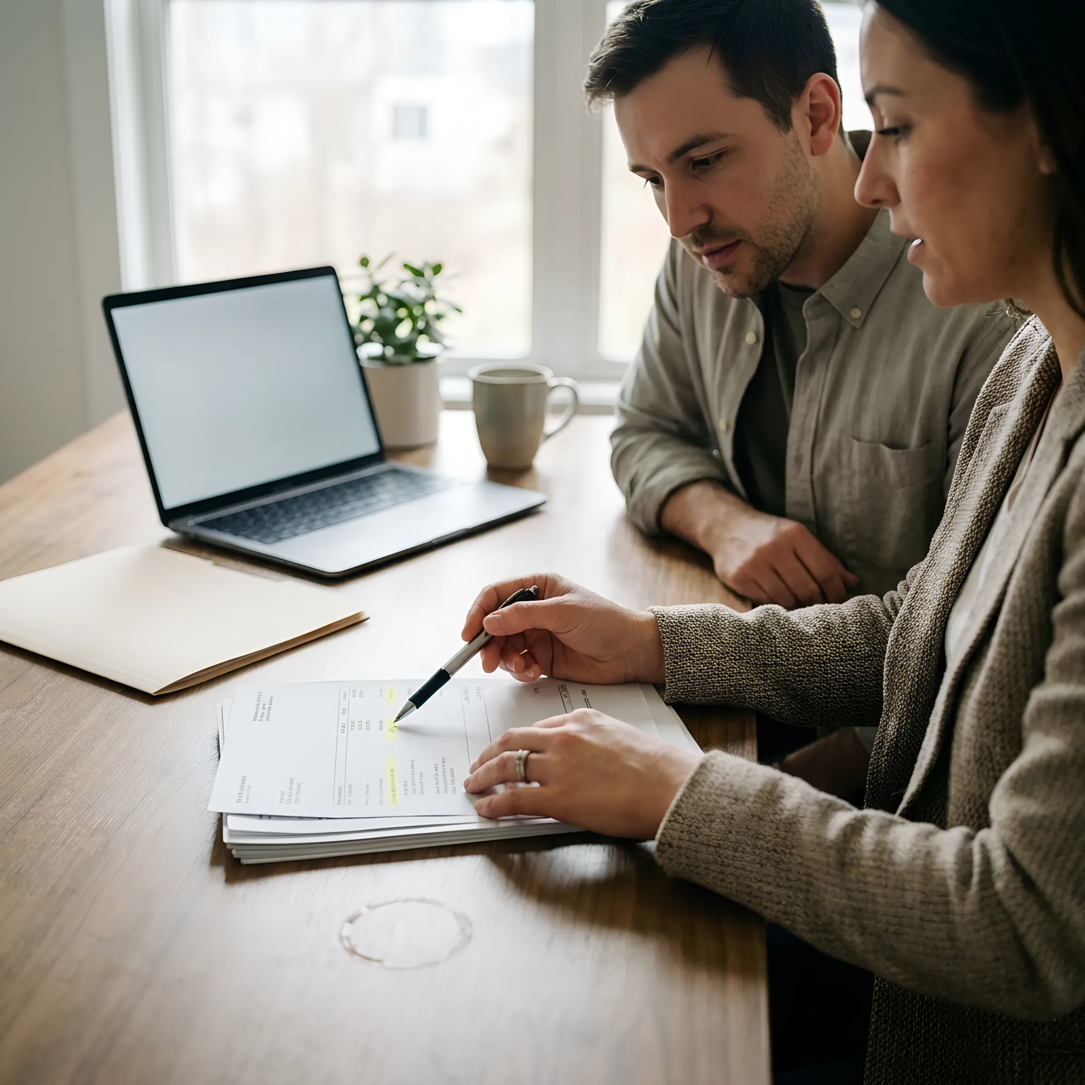 Self-employed borrower reviewing bank statements with a loan officer