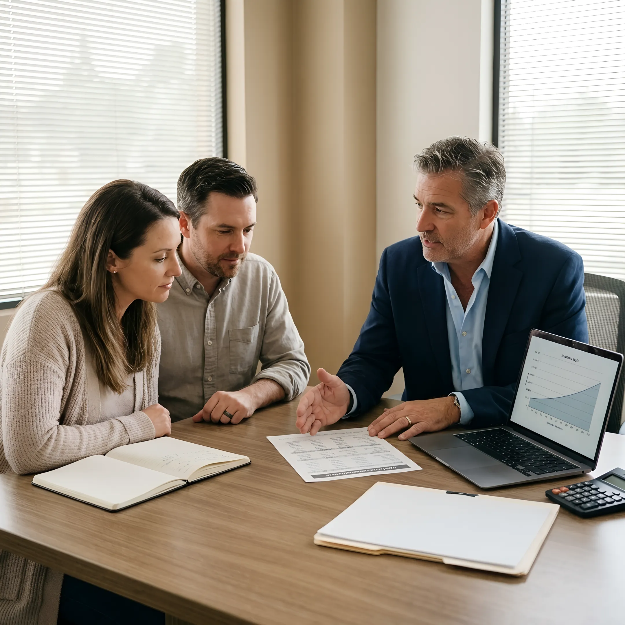 Loan officer explaining mortgage options to homebuyers