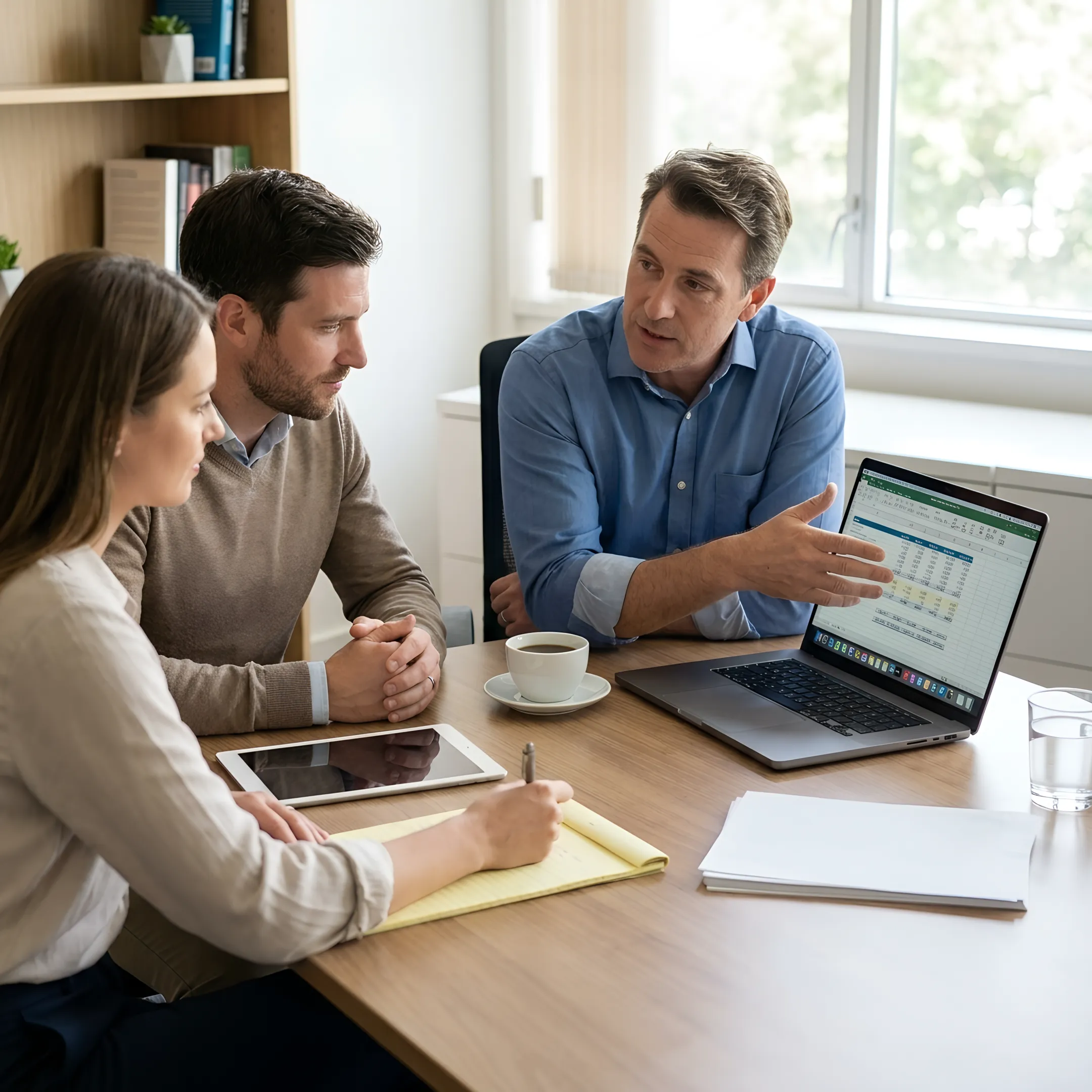 Mortgage broker explaining loan choices to homebuyers