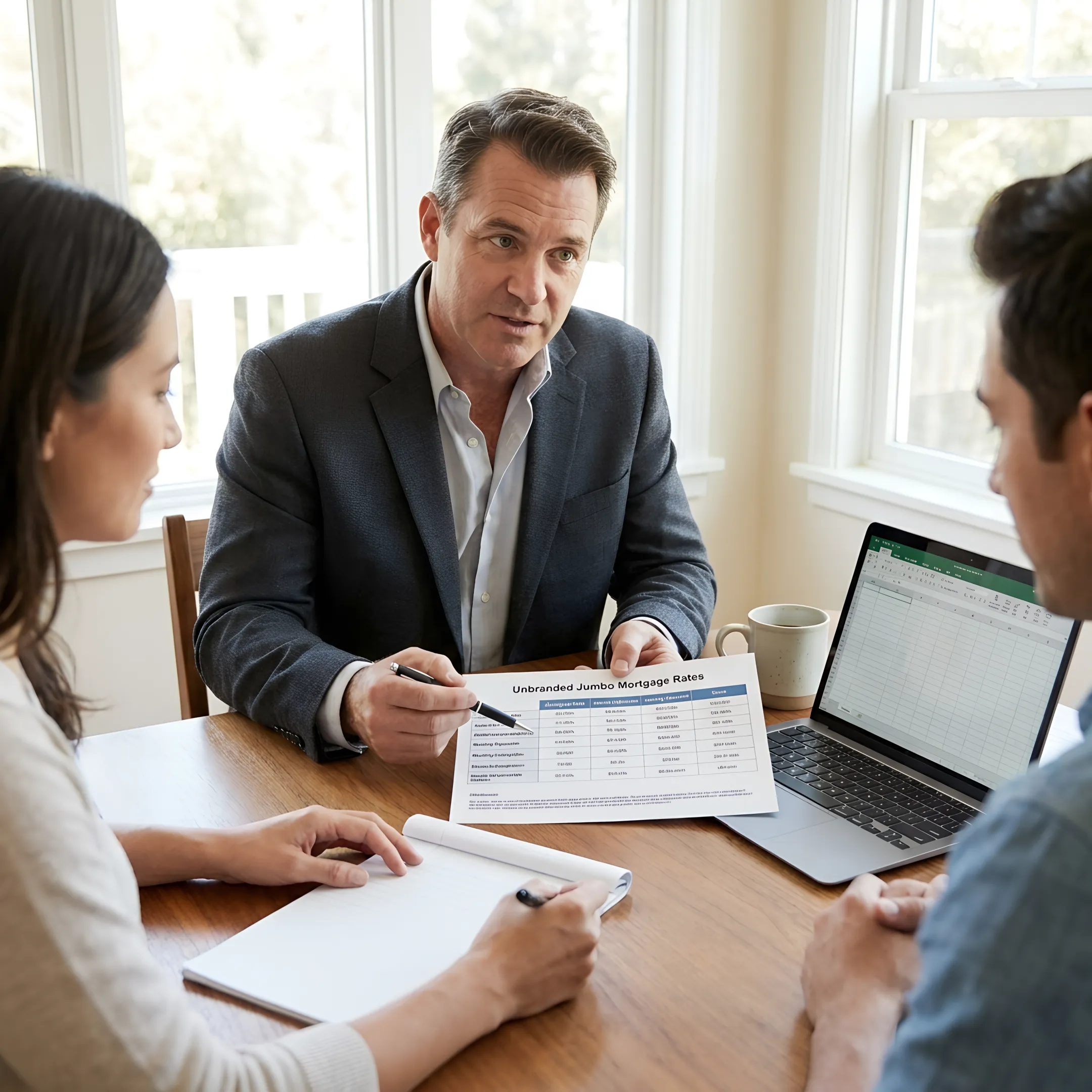 Loan officer reviewing jumbo mortgage figures
