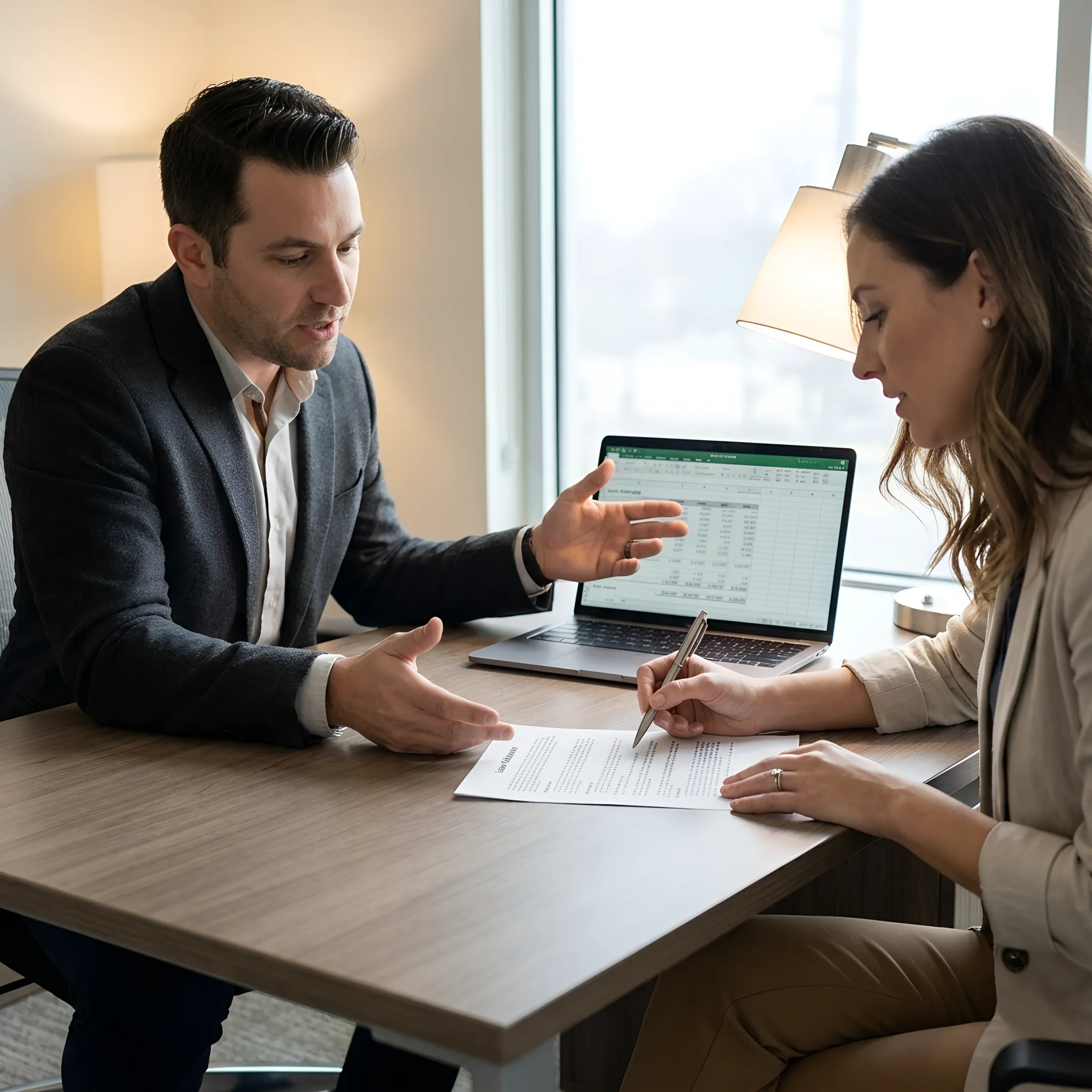 Loan officer reviewing mortgage documents with homebuyer