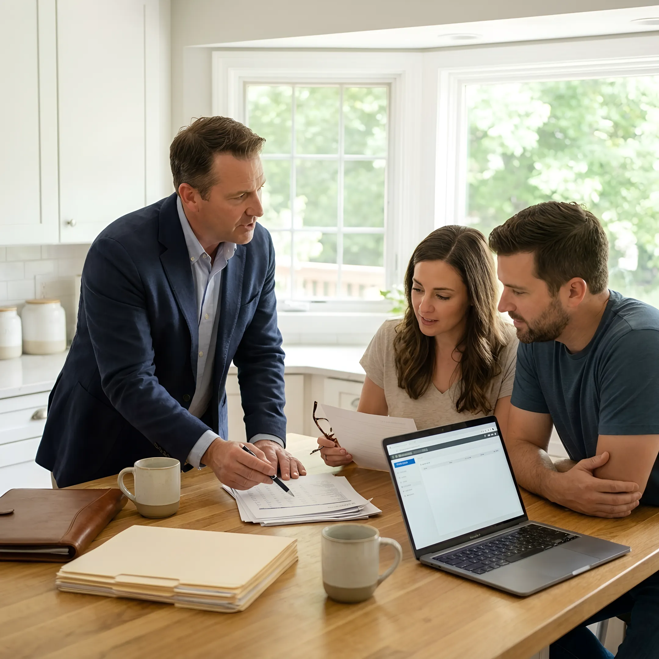 Mortgage broker reviewing home loan documents with clients