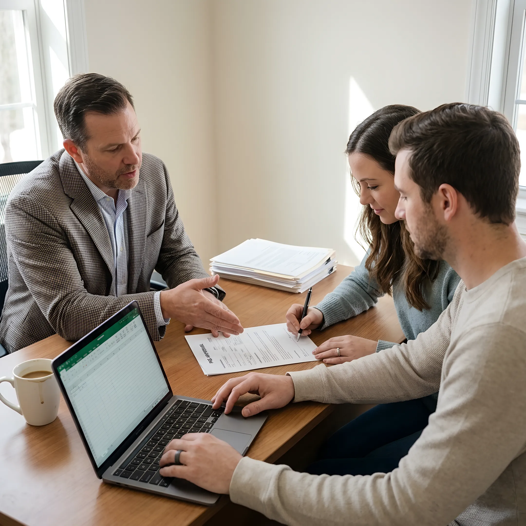 Loan officer reviewing mortgage options with buyers