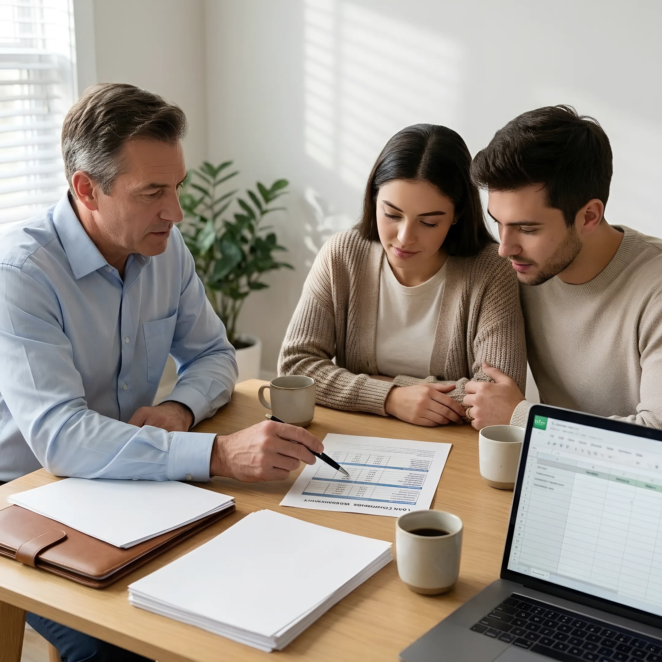 Loan officer reviewing mortgage options with first-time buyers
