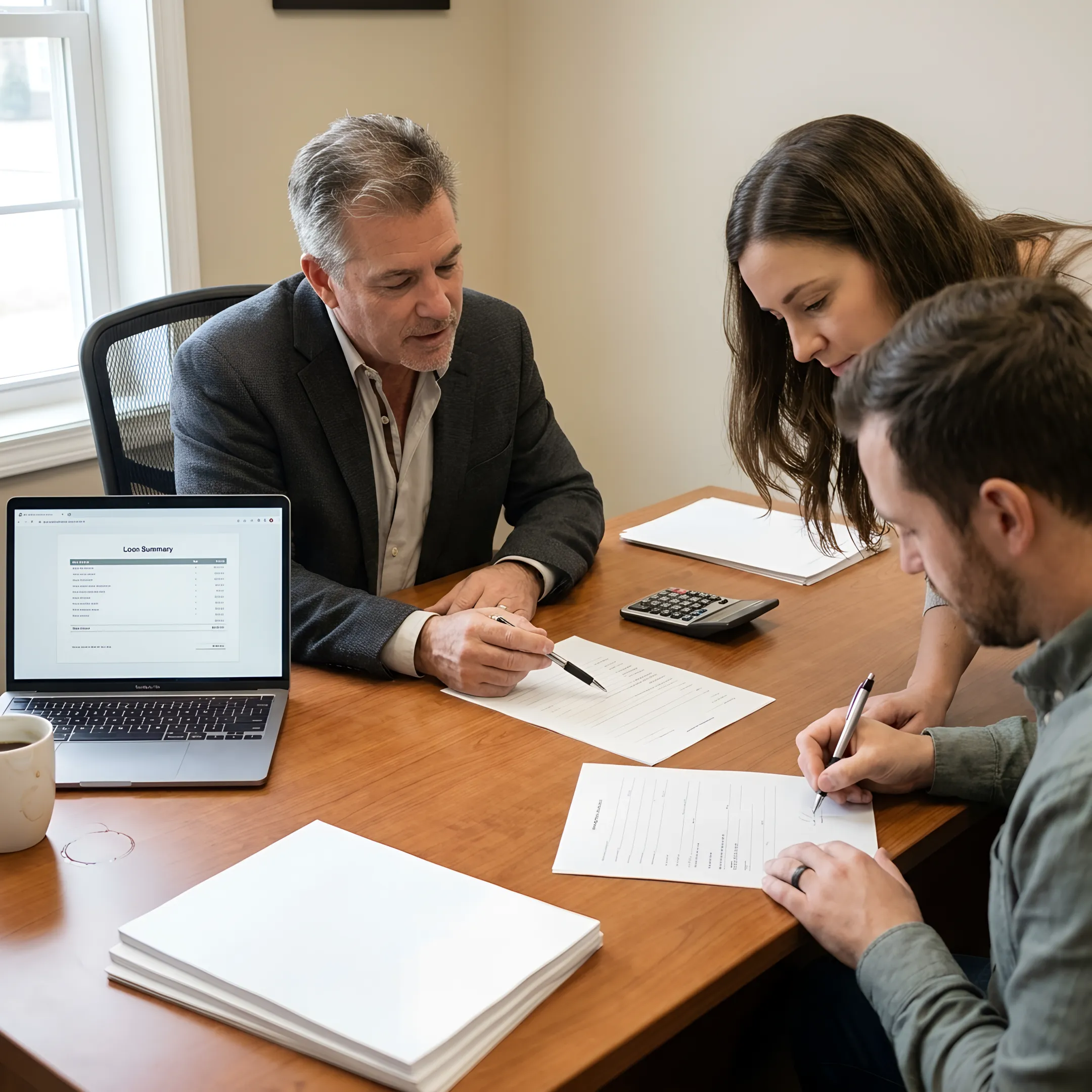 Loan officer reviewing first-time homebuyer financing steps