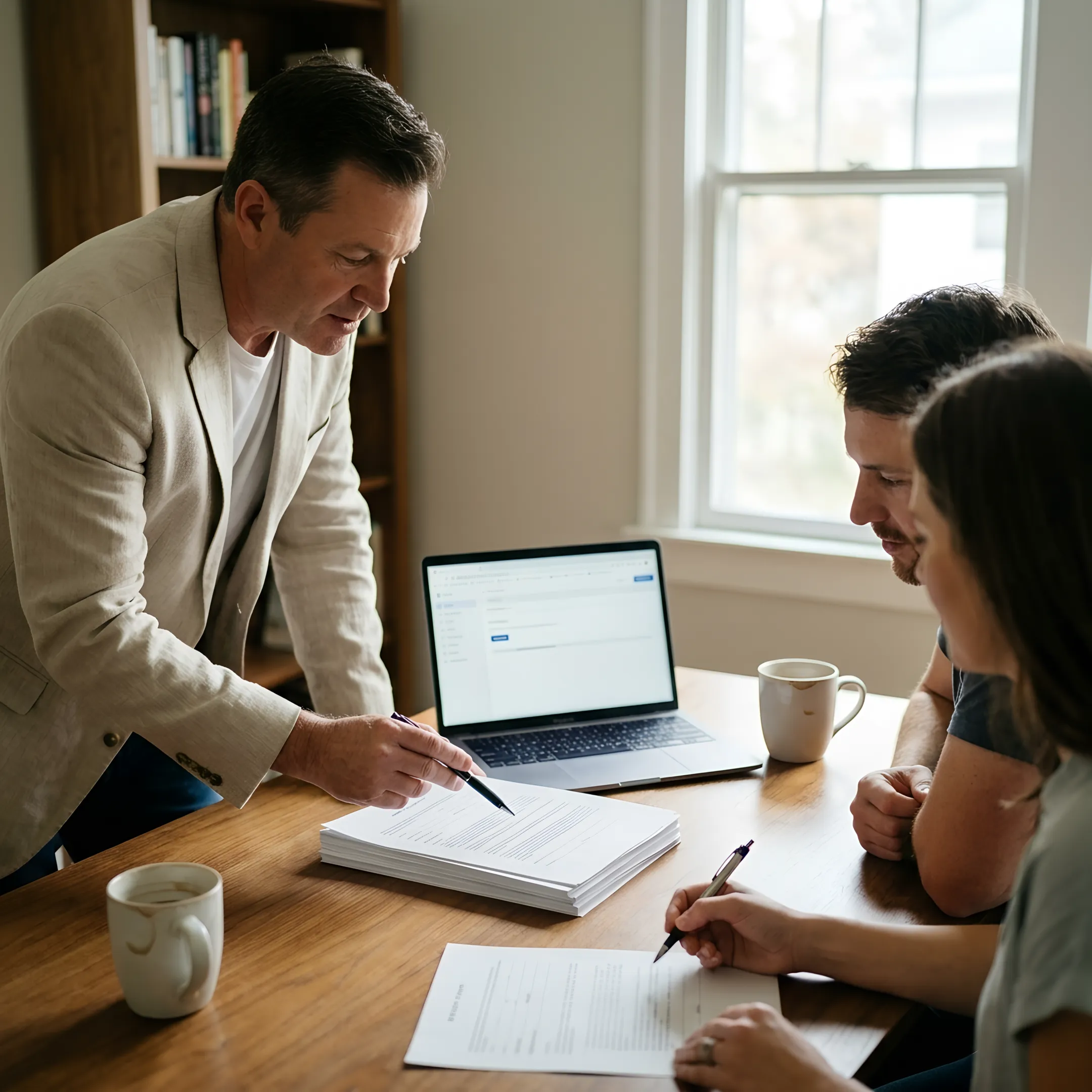 Loan officer reviewing mortgage documents with homebuyers