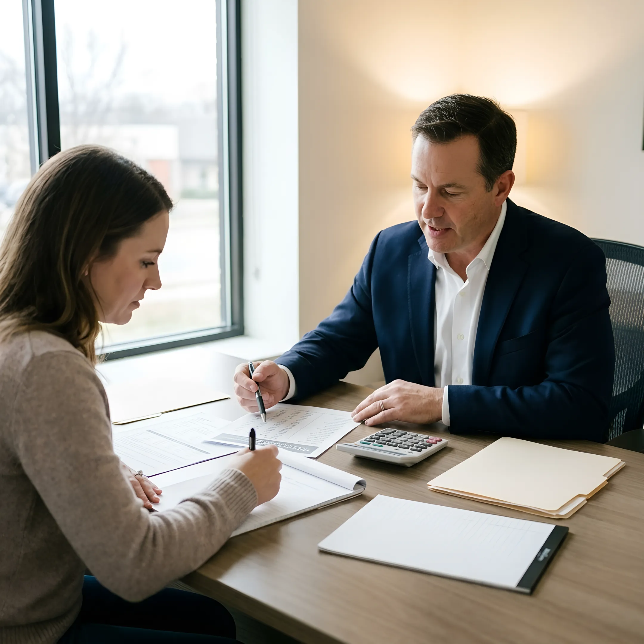 Loan officer guiding first-time buyer through mortgage steps