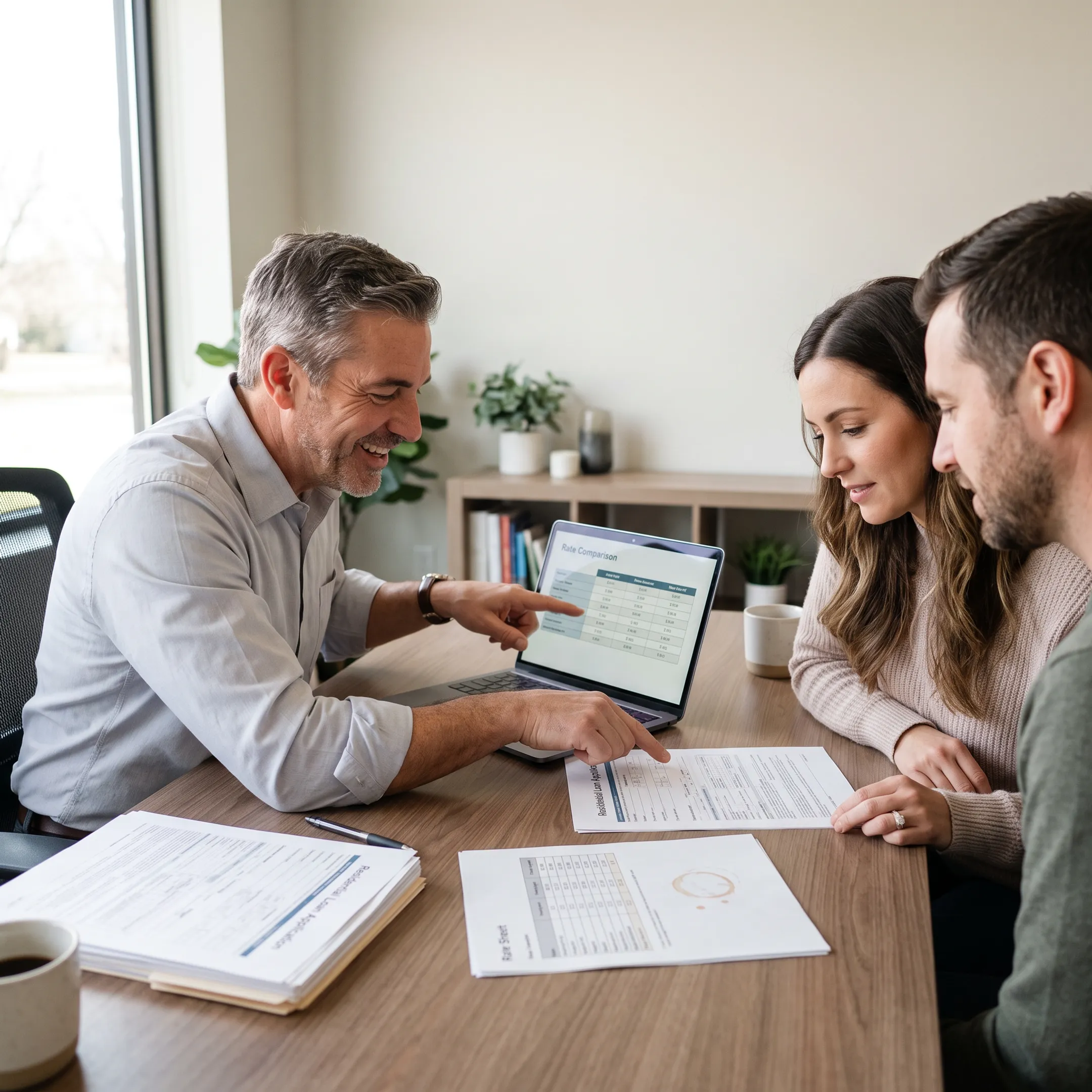 Loan officer reviewing mortgage options with homebuyers