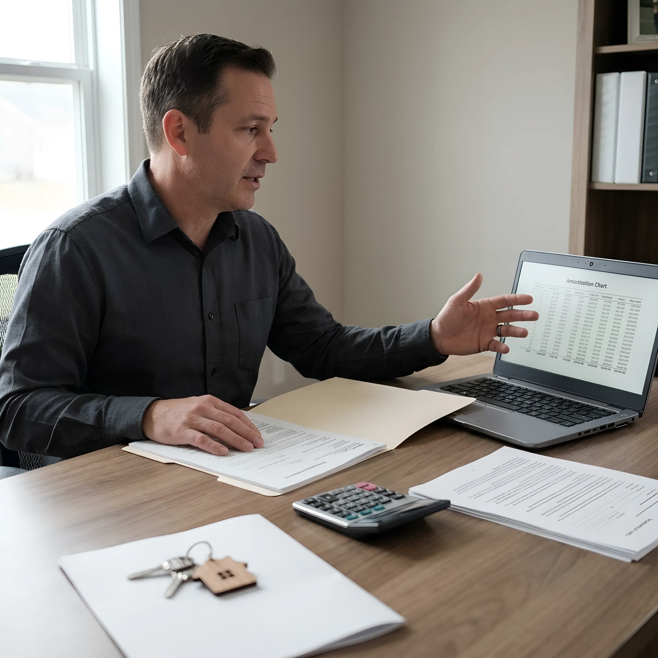 Loan officer guiding first-time buyer through mortgage paperwork