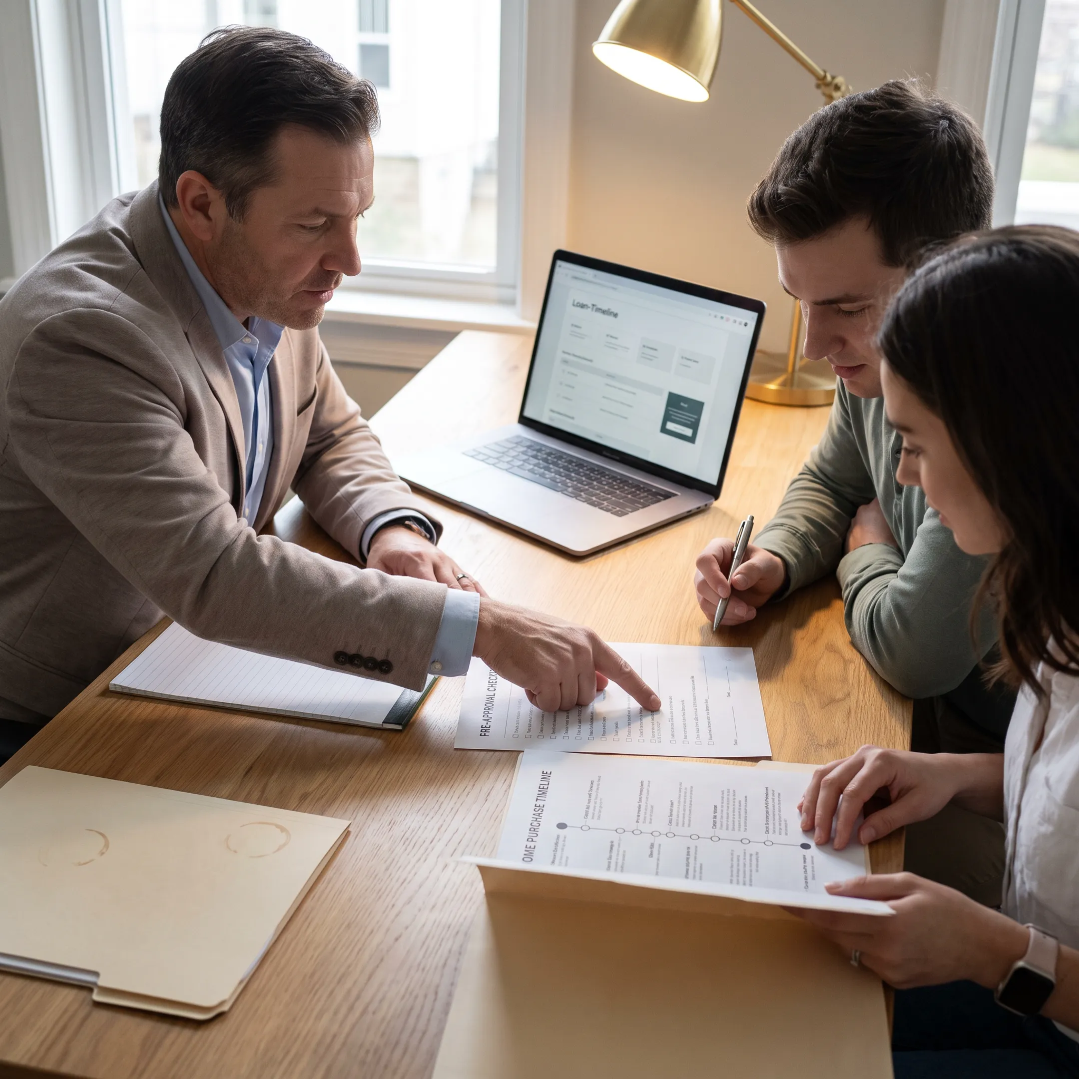 Loan officer explaining FHA pre-approval steps to first-time buyers