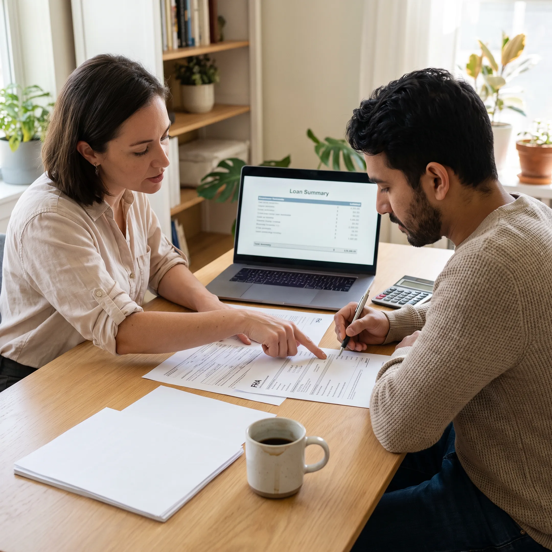 First-time buyers discussing an FHA loan with a mortgage advisor