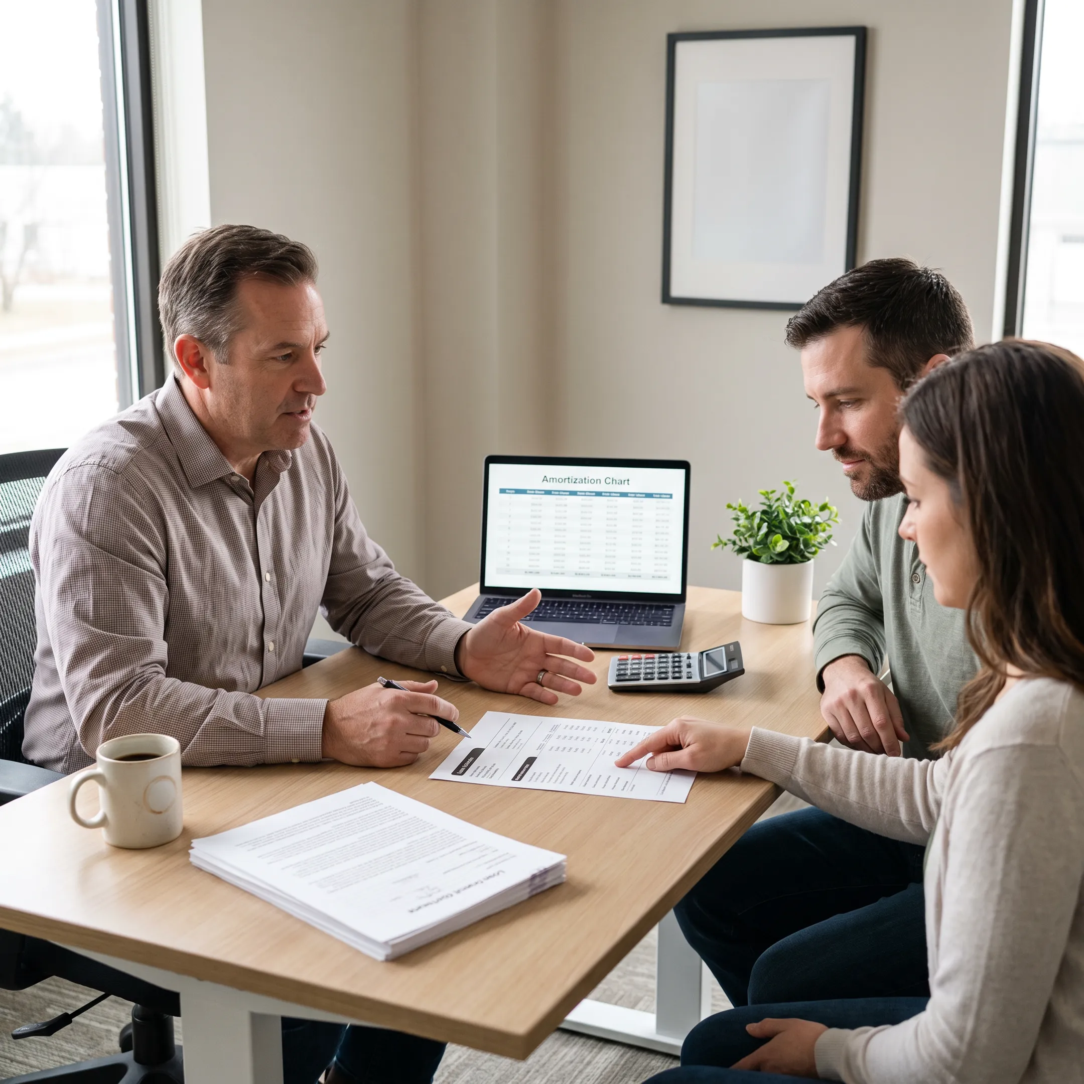 Loan officer reviewing mortgage documents with homebuyers