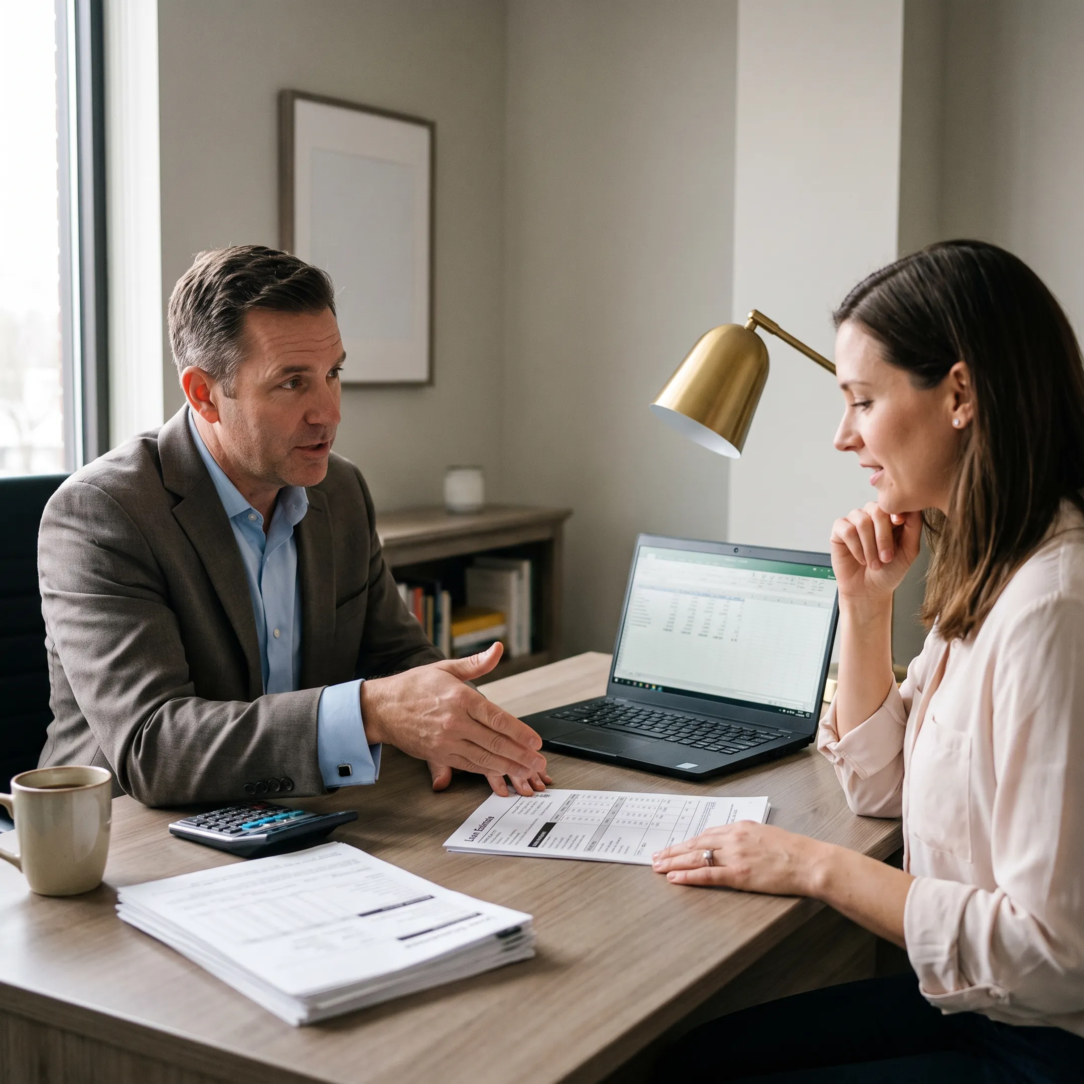 Loan officer reviewing mortgage documents with homebuyer