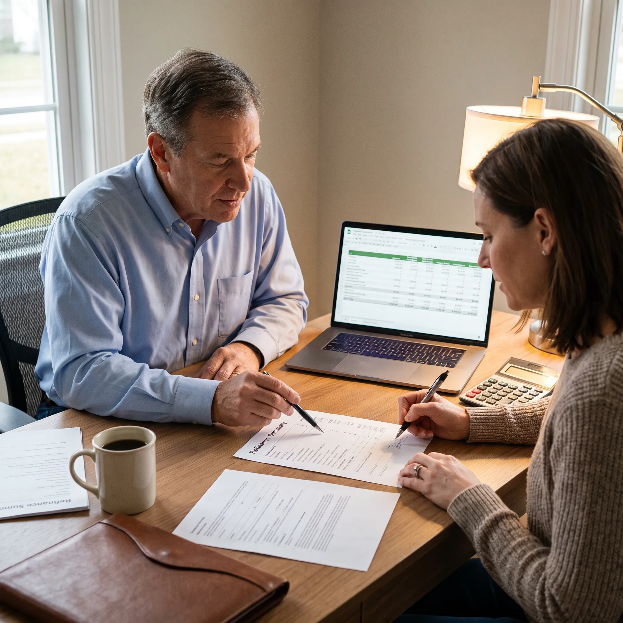 Loan officer reviewing refinance options with homeowner