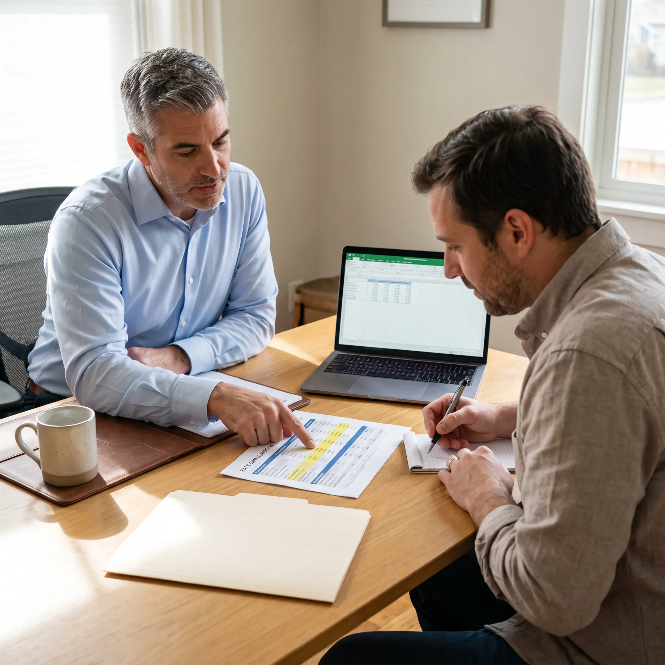 Loan officer reviewing refinance rate options