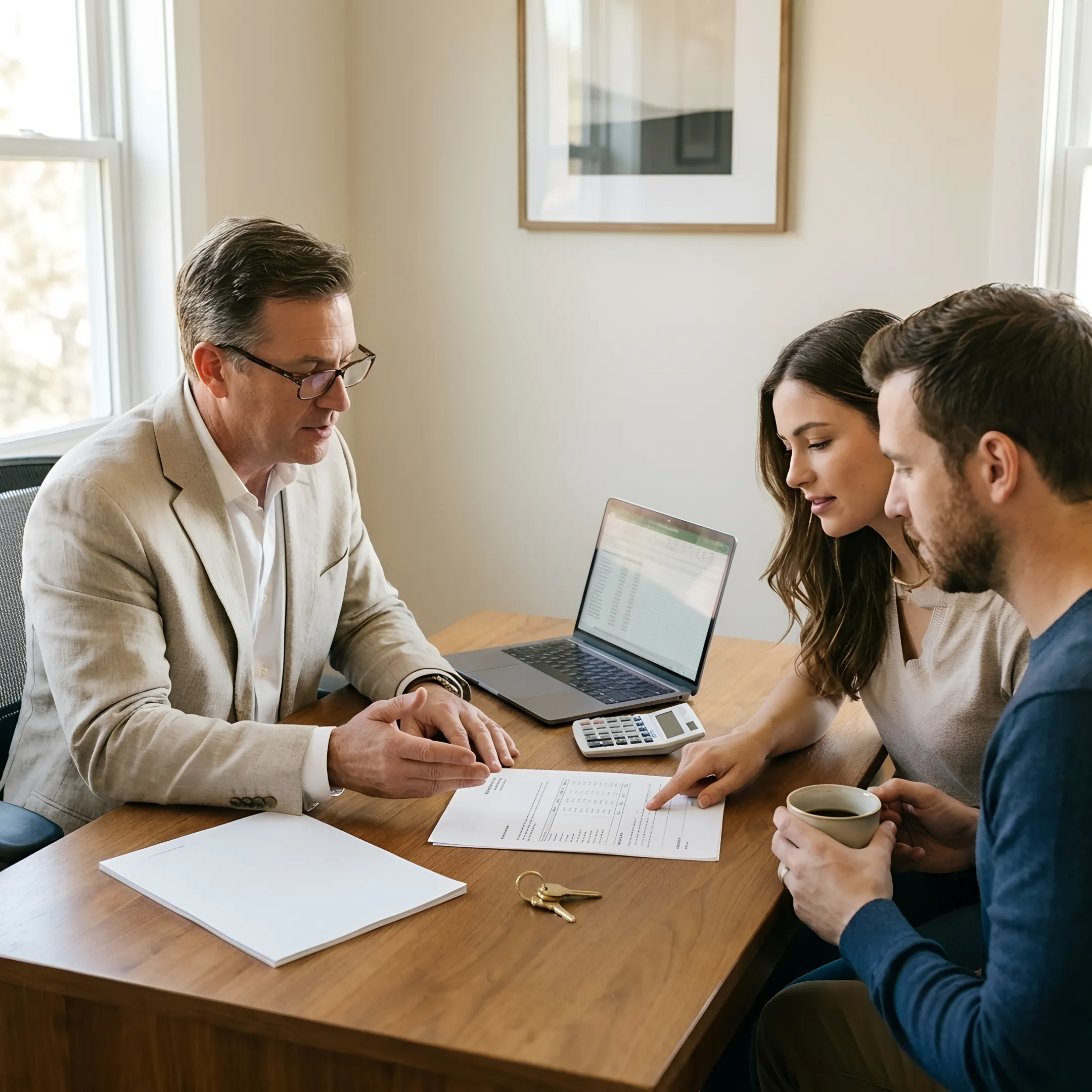 Loan officer reviewing mortgage documents with home buyers