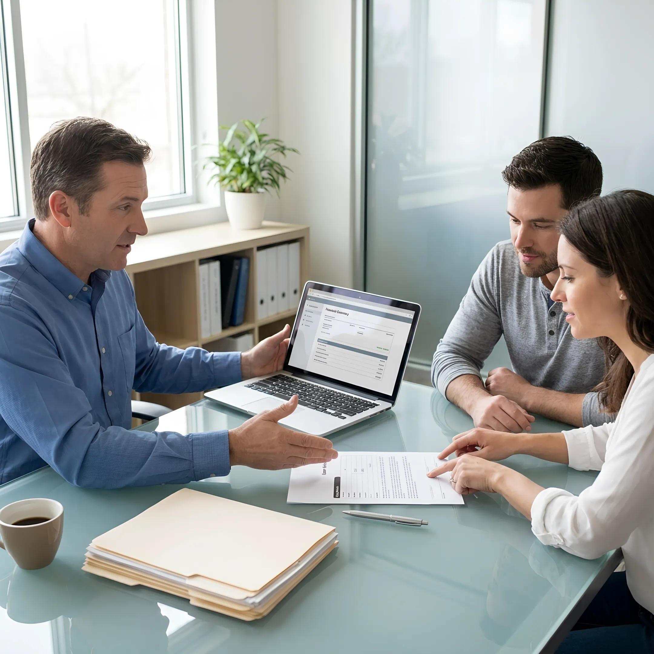 Loan officer reviewing mortgage documents with homebuyers