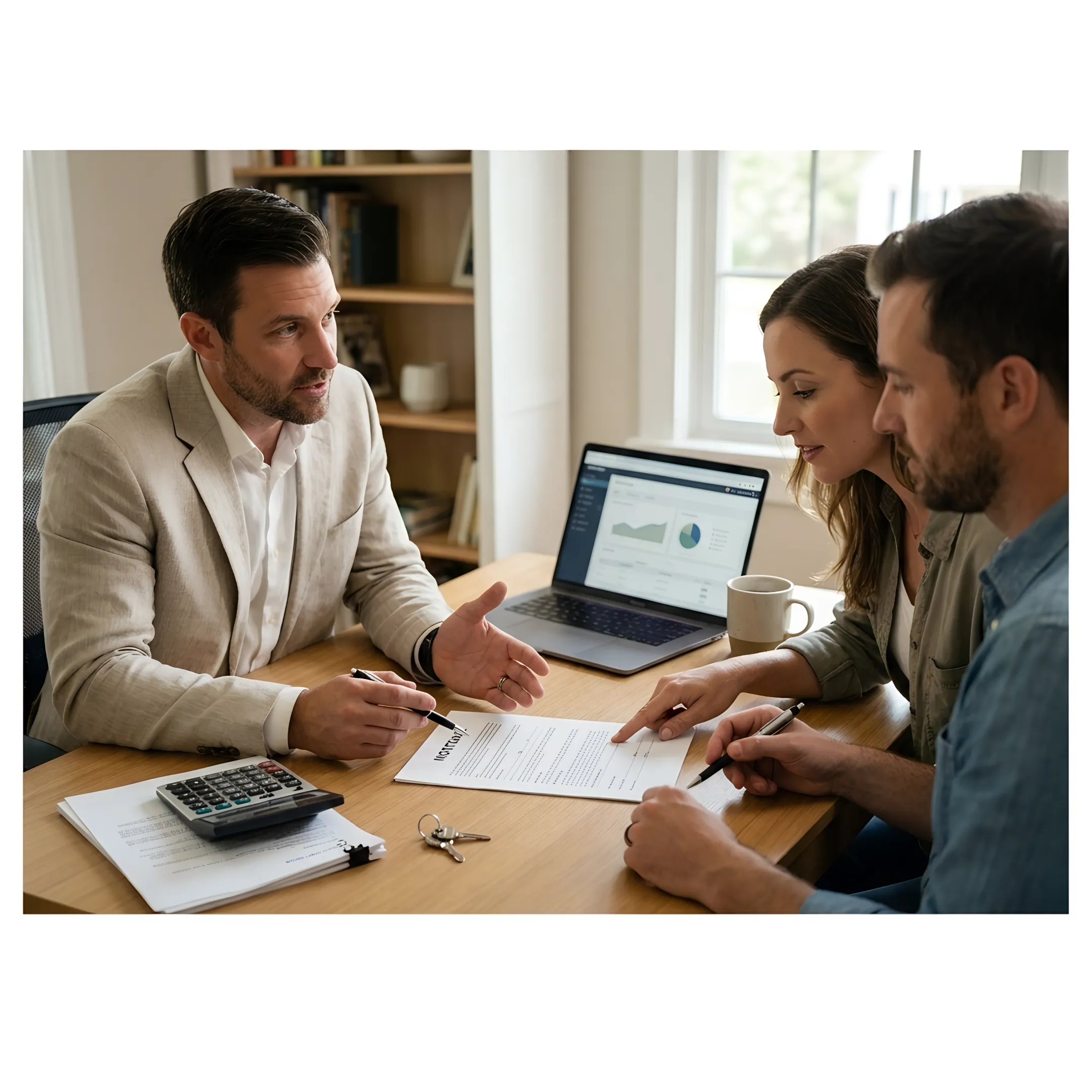 Loan officer reviewing FHA mortgage documents with homebuyers
