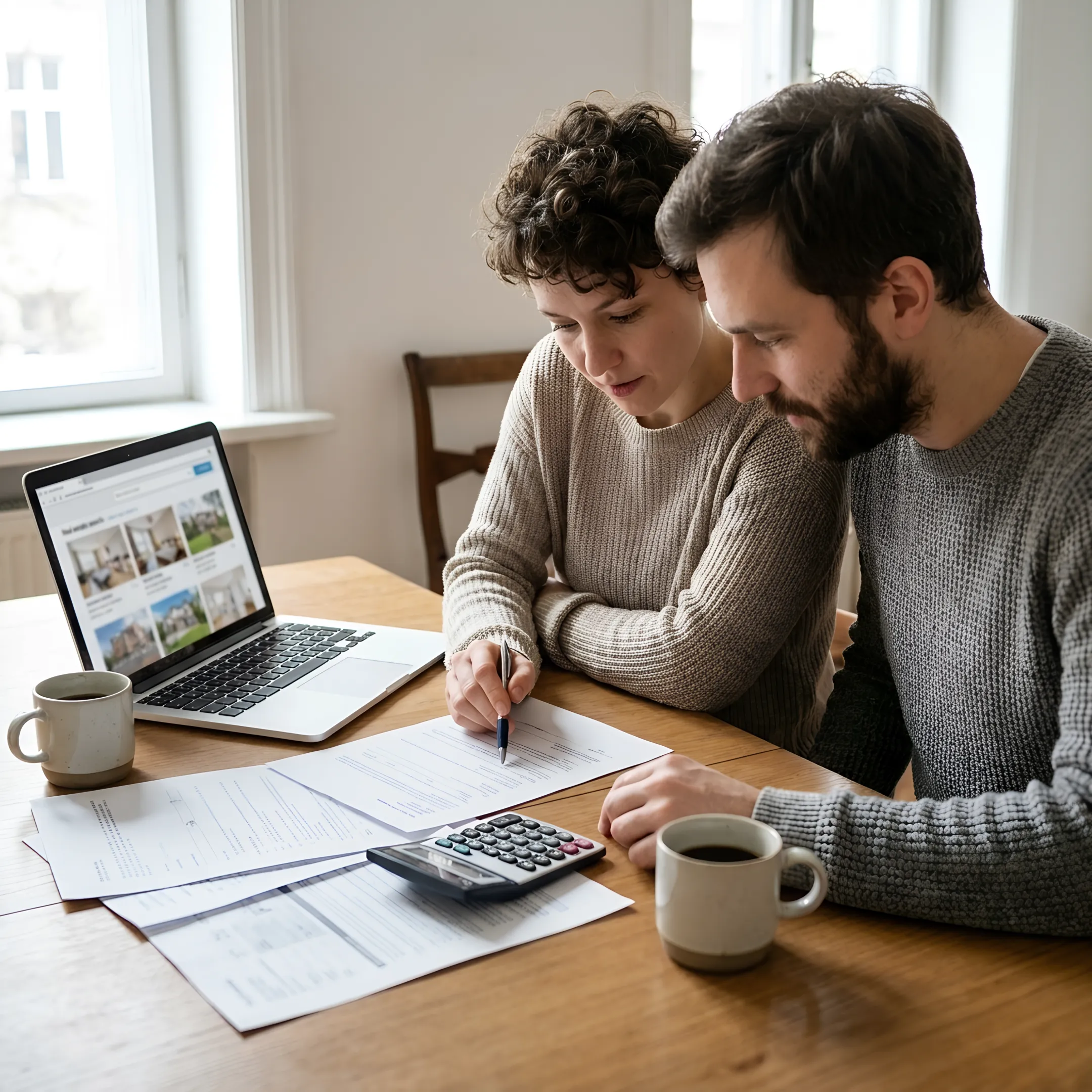 First-time homebuyers reviewing a mortgage guide