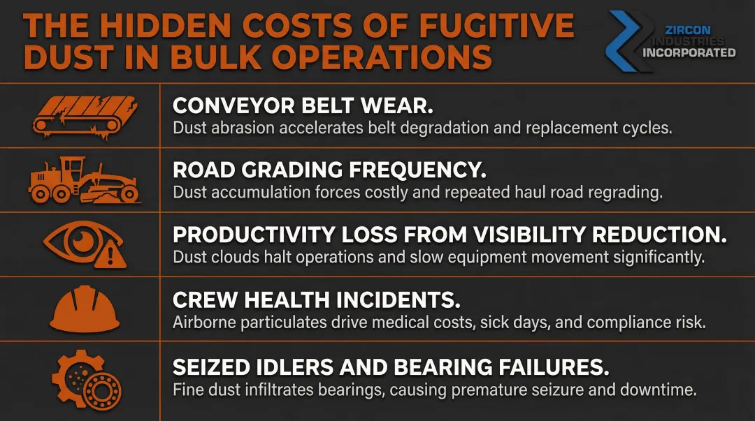 Five hidden dust control cost categories in bulk material handling operations infographic