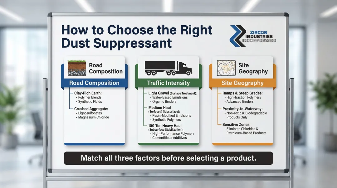 Three-factor mining haul road dust suppressant selection decision framework