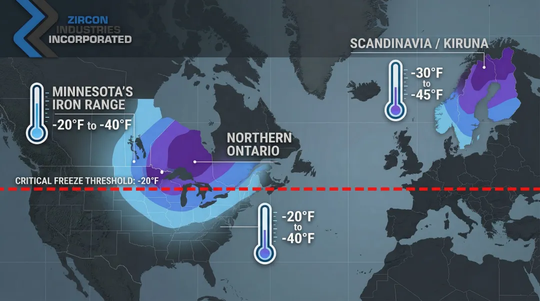 Iron ore mining regions temperature range map showing extreme winter cold zones