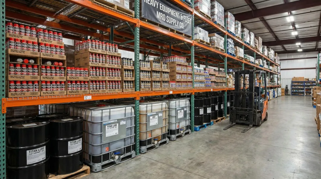 Industrial bulk penetrating oil containers and aerosol cans for fleet maintenance supply