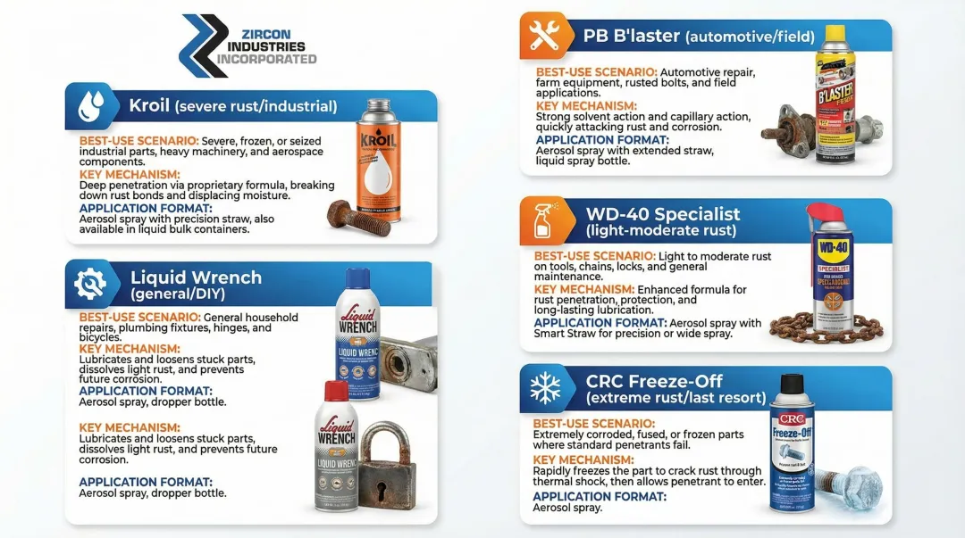 Five best penetrating oils comparison chart by use case and mechanism