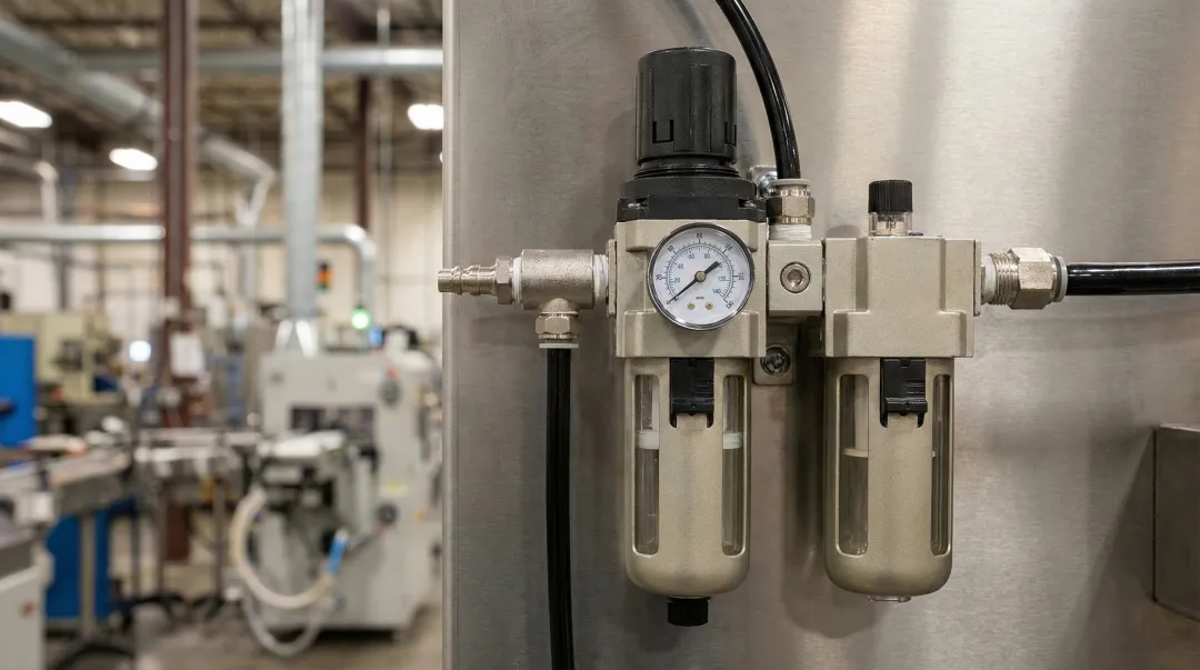 Industrial air line lubricator FRL unit installed on pneumatic system in factory