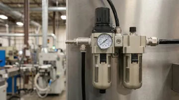 Industrial air line lubricator FRL unit installed on pneumatic system in factory