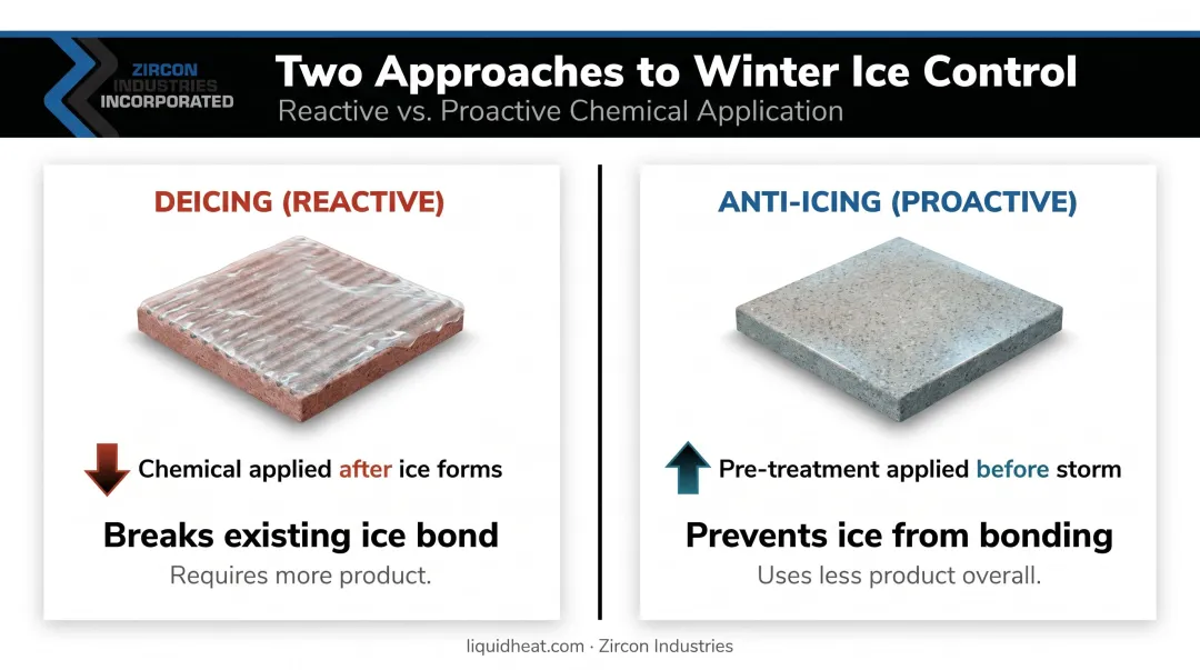 Deicing versus anti-icing process comparison side-by-side infographic