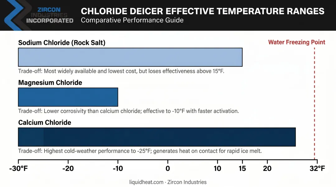Chloride deicer temperature performance range comparison chart sodium calcium magnesium