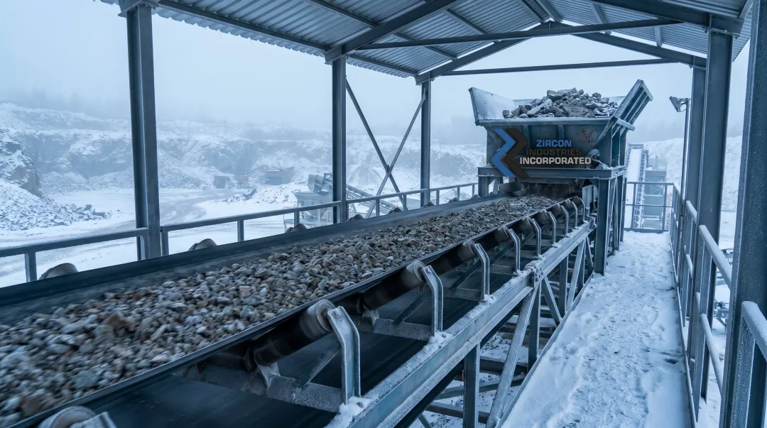 Industrial conveyor belt system in quarry or mining facility during winter operation