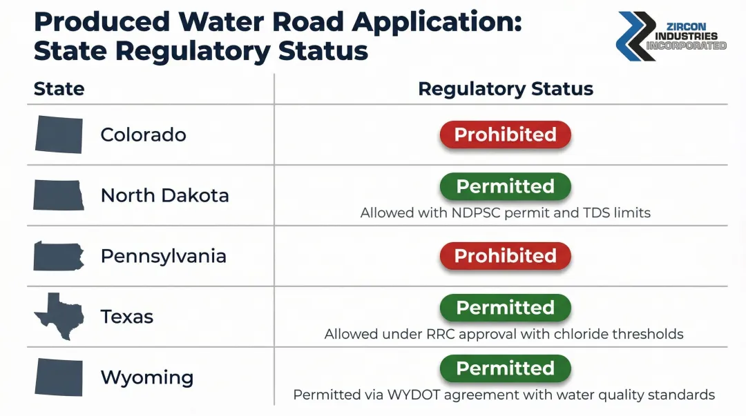State-by-state produced water road application regulatory status comparison chart
