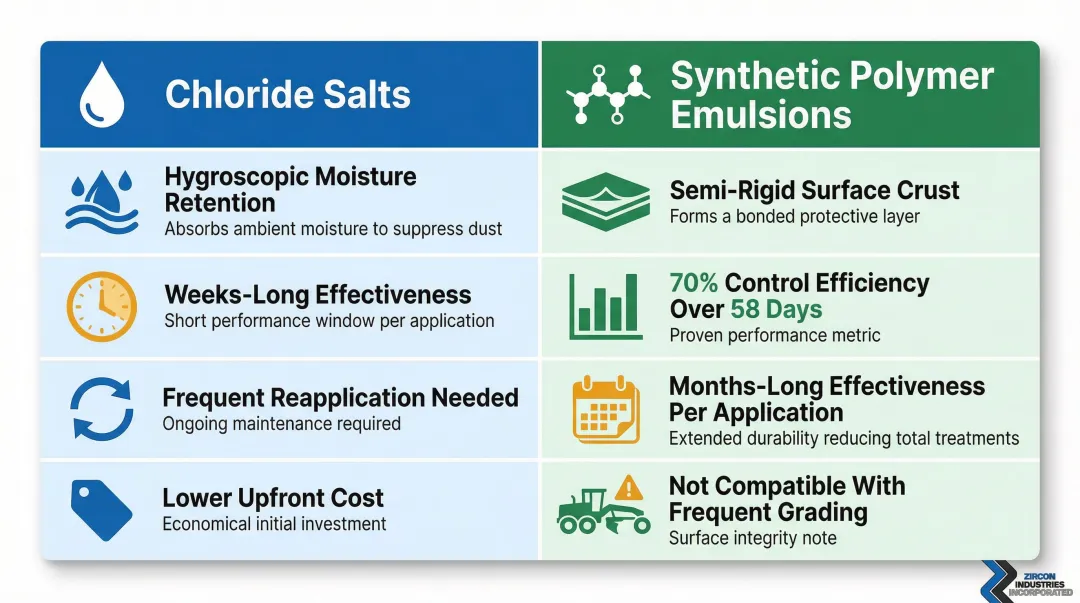 Dust suppressant comparison chloride salts versus synthetic polymer emulsions durability and reapplication