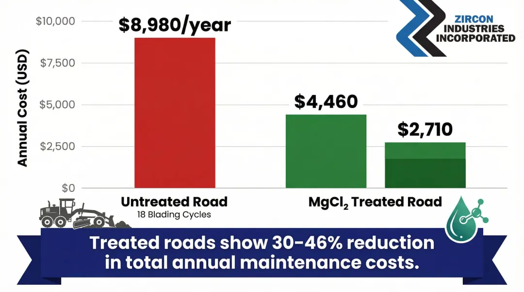 Treated versus untreated unpaved road annual maintenance cost savings comparison infographic