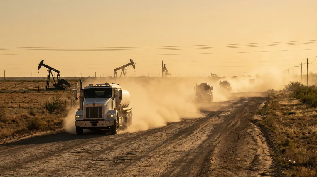 Arid oil and gas haul road with dust plume from heavy tanker truck traffic