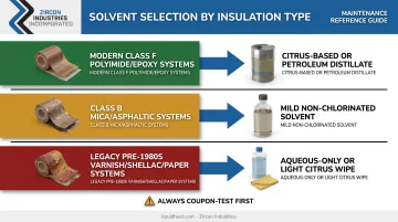 Solvent selection guide matched to generator insulation age and system type